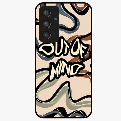 Out Of Mind Glass Case showing flat back view with expressive typography artwork and glossy glass finish.