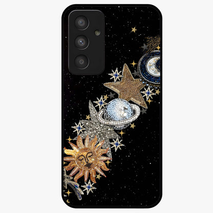Pearls Universe Object Glass Case showing flat back view with pearl inspired cosmic artwork and glossy glass finish.