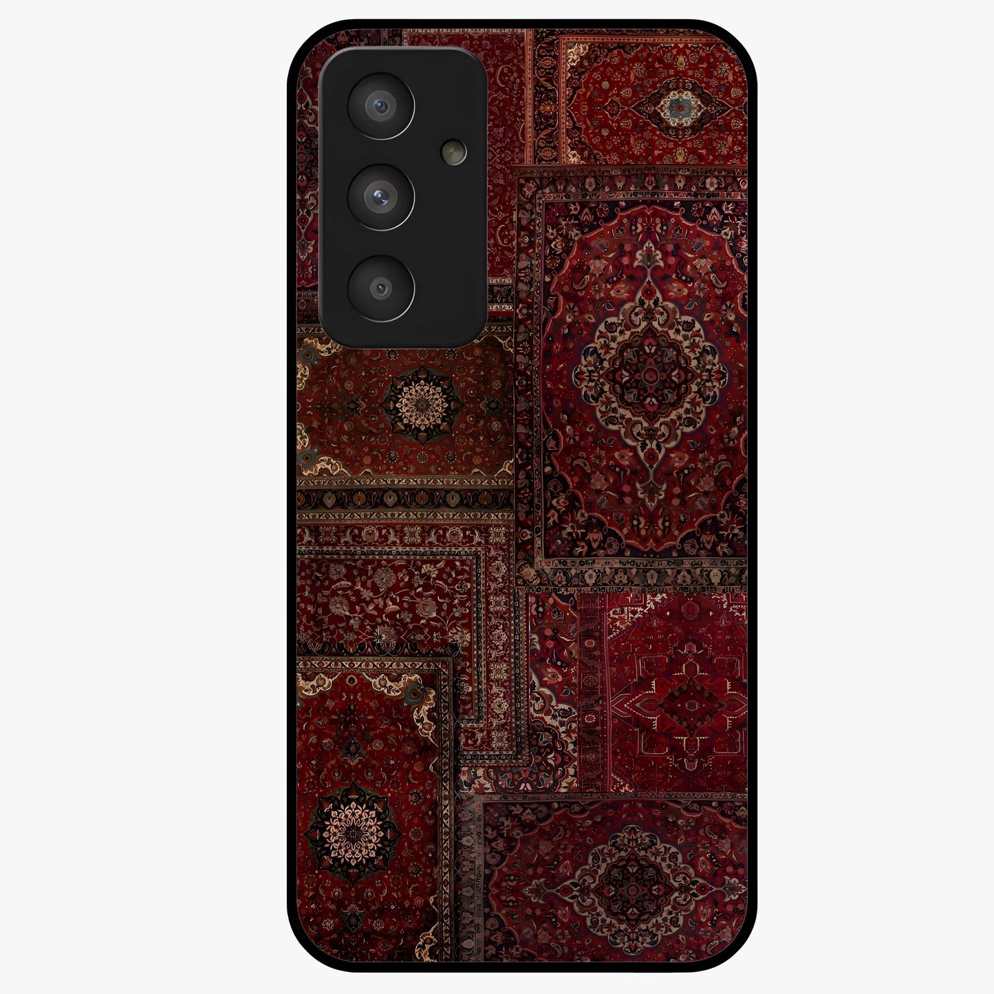 Persian Velvet Tale Glass Case showing flat back view with luxurious Persian velvet pattern artwork and glossy glass finish.