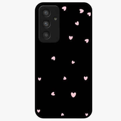 Pink Love Drops Glass Case showing flat back view with playful pink heart drops artwork and glossy glass finish.