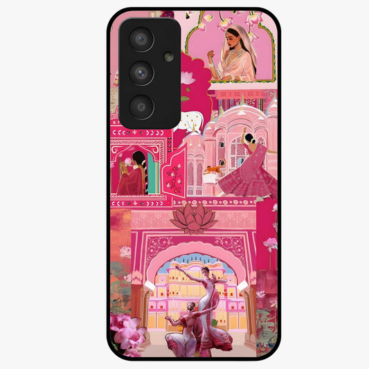 Pink Palace Muse Glass Case showing flat back view with elegant palace inspired artwork and glossy glass finish.
