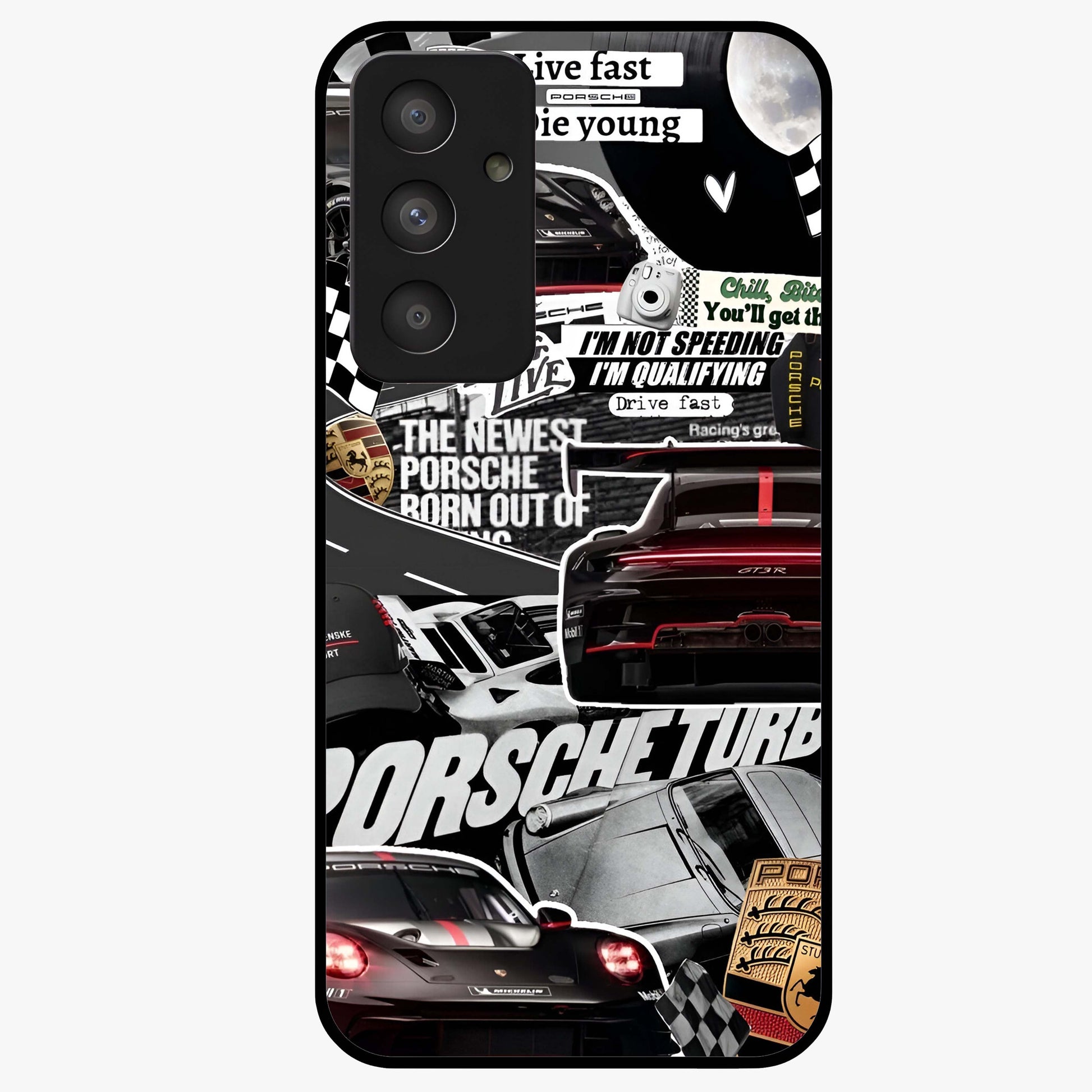 Porsche Racing Collage Glass Case showing flat back view with sports car racing collage artwork and glossy glass finish.