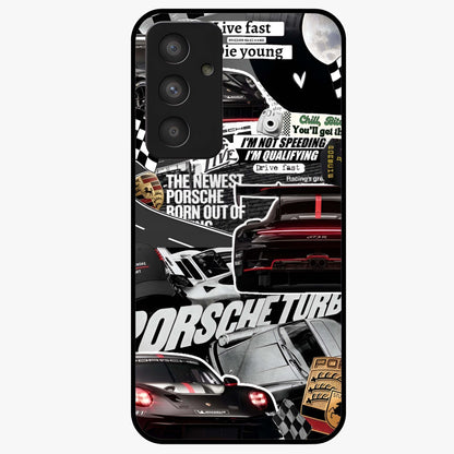 Porsche Racing Collage Glass Case showing flat back view with sports car racing collage artwork and glossy glass finish.