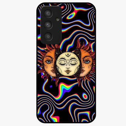 Psychedelic Sun Glass Case showing flat back view with colorful psychedelic sun artwork and glossy glass finish.