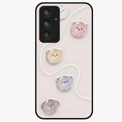 Puffy Face Parade Glass Case showing flat back view with cute puffy character faces artwork and glossy glass finish.