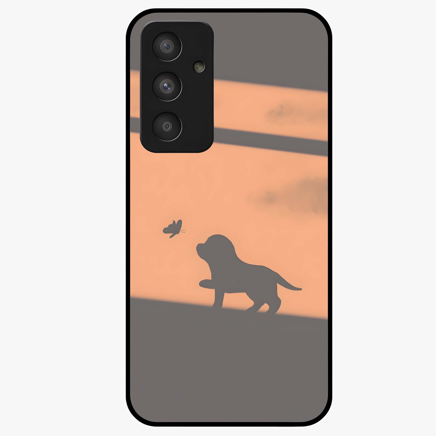 Puppy Shadow Art Glass Case showing flat back view with cute puppy shadow style artwork and glossy glass finish.