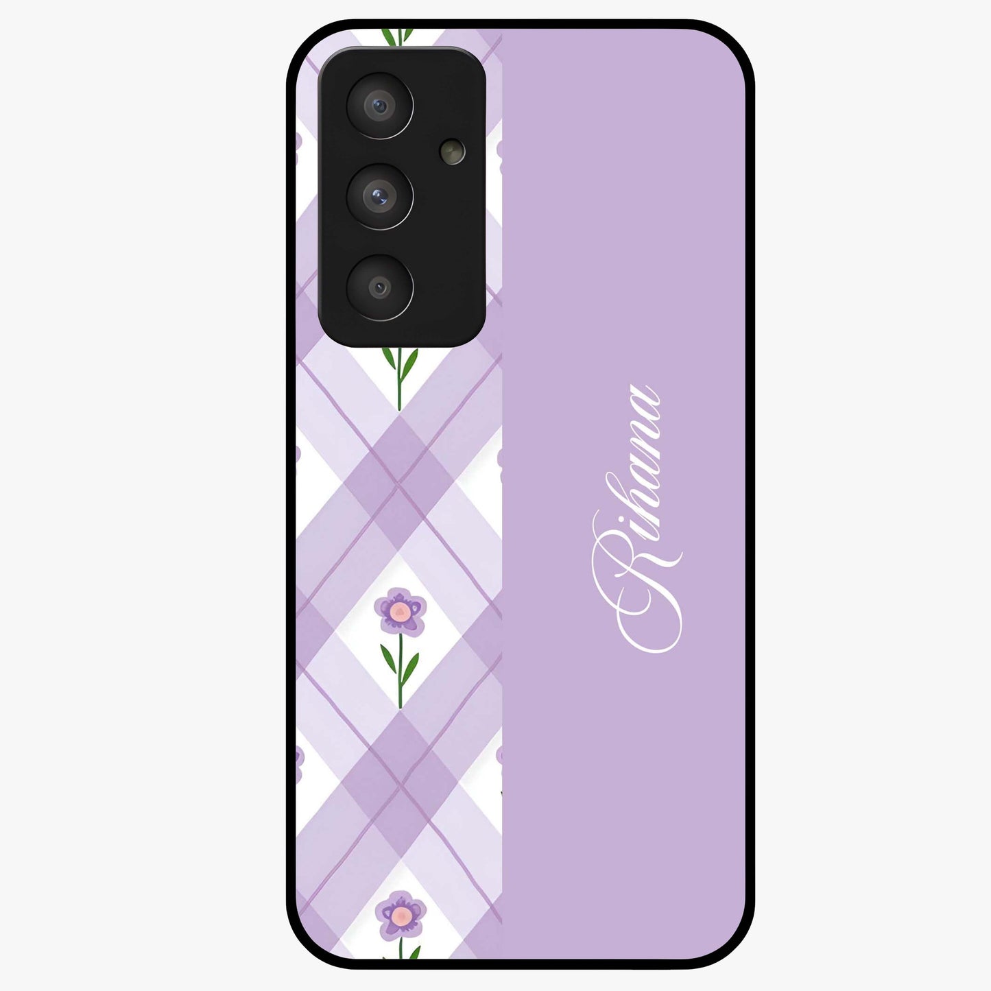 Purple Diamond Floral Glass Case showing flat back view with diamond shaped floral artwork and glossy glass finish.