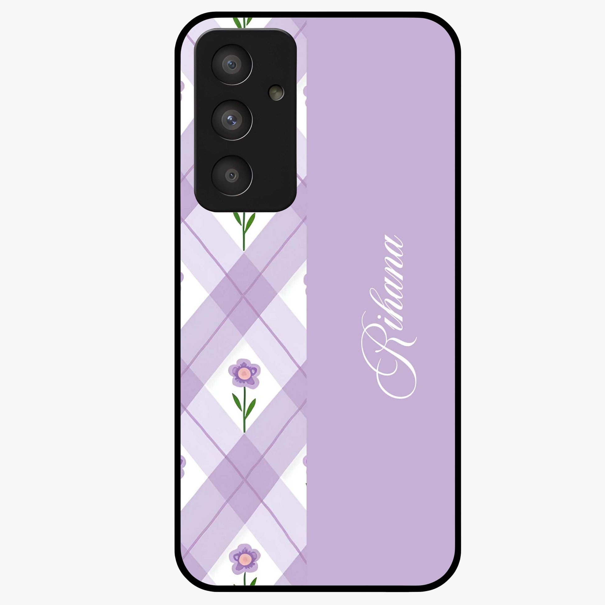 Purple Diamond Floral Glass Case showing flat back view with diamond shaped floral artwork and glossy glass finish.