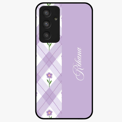 Purple Diamond Floral Glass Case showing flat back view with diamond shaped floral artwork and glossy glass finish.