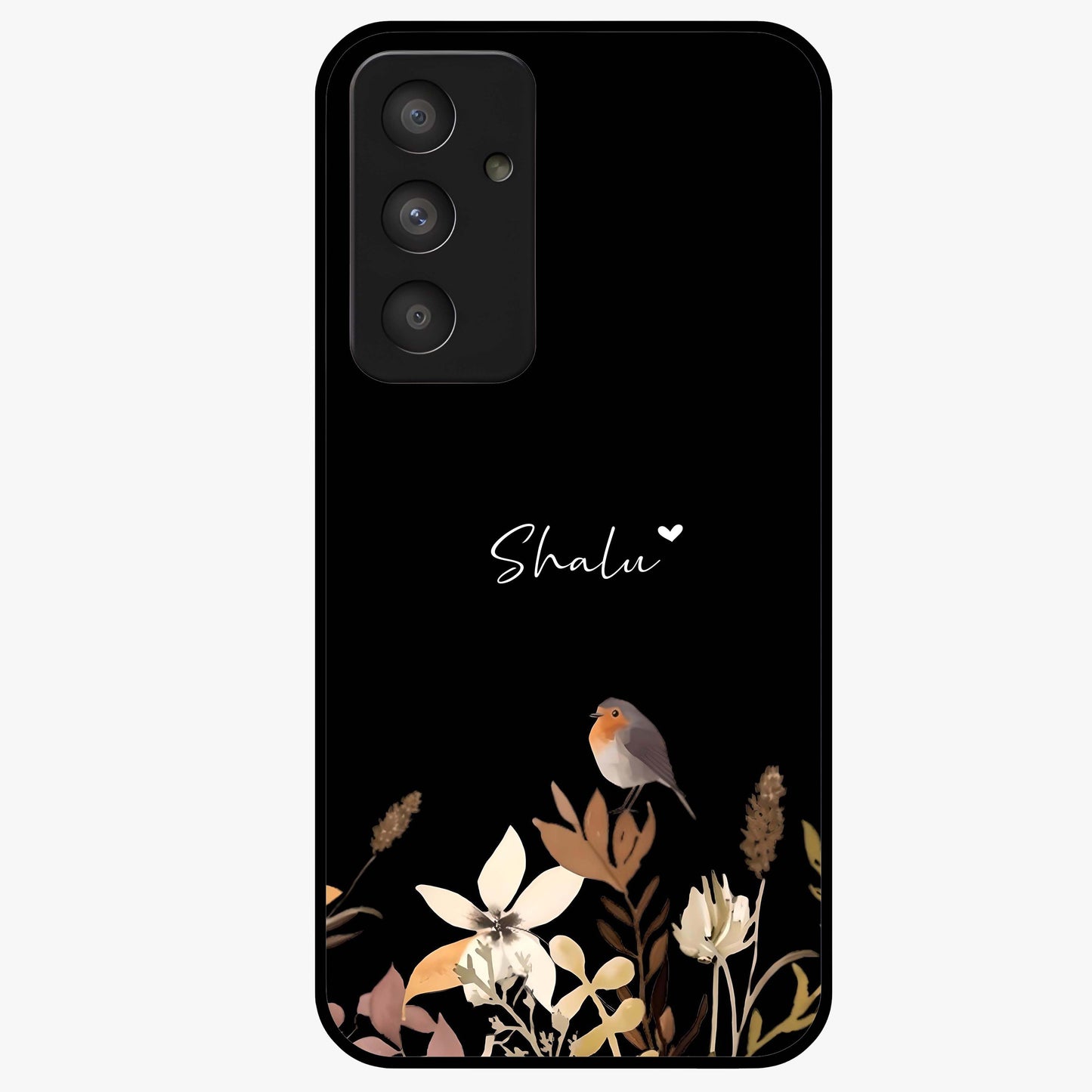 Quiet Garden Tune Custom Name Glass Case showing flat back view with peaceful garden artwork and personalized name design.