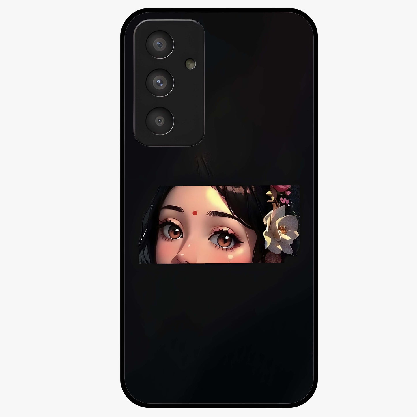 Radha Divine Embrace Glass Case showing flat back view with devotional Radha artwork and glossy glass finish.