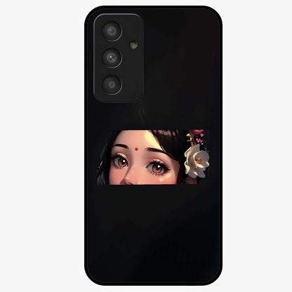 Radha Divine Embrace Glass Case showing flat back view with devotional Radha artwork and glossy glass finish.