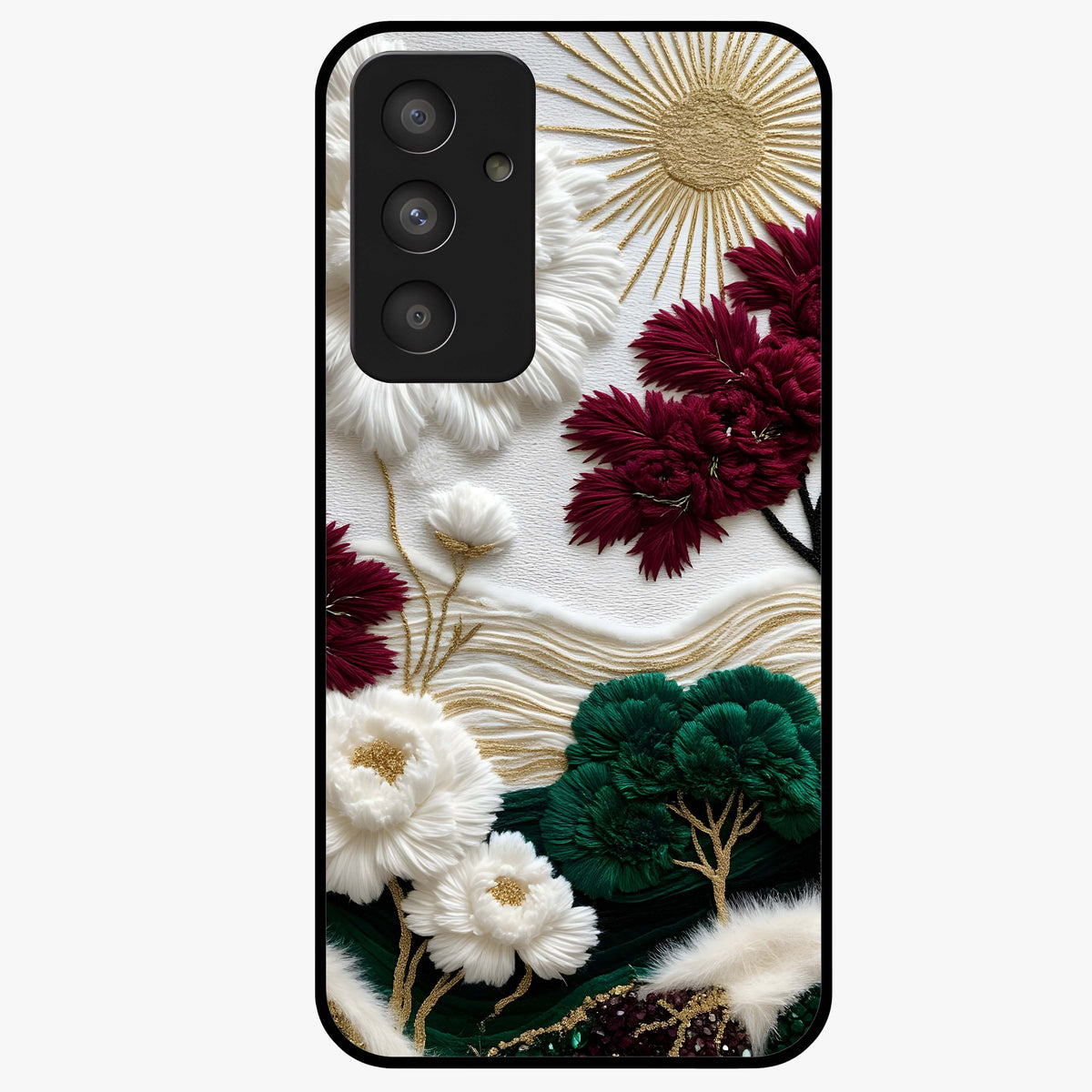 Radiant Bloom Elegance Glass Case showing flat back view with elegant blooming flower artwork and glossy glass finish.