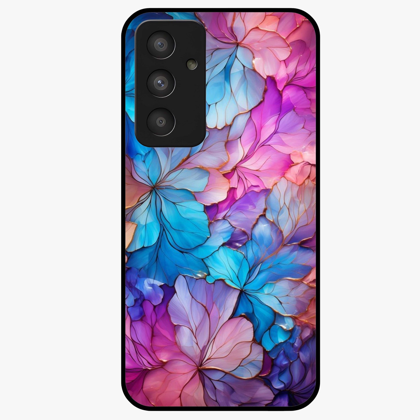 Radiant Floral Whirl Glass Case showing flat back view with swirling floral artwork and glossy glass finish.