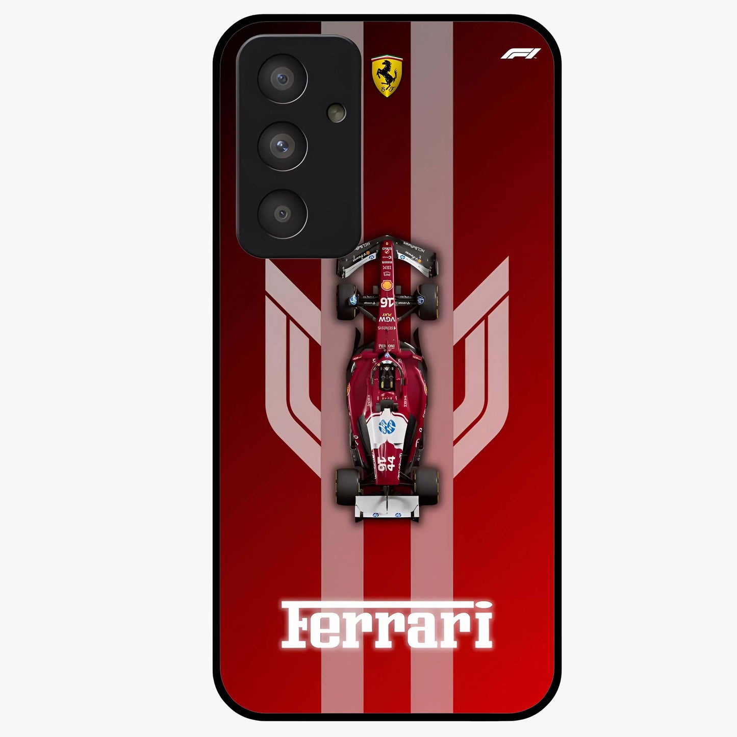 Red Ferrari F1 Vertical Glass Case showing flat back view with sleek Formula racing car artwork and glossy glass finish.