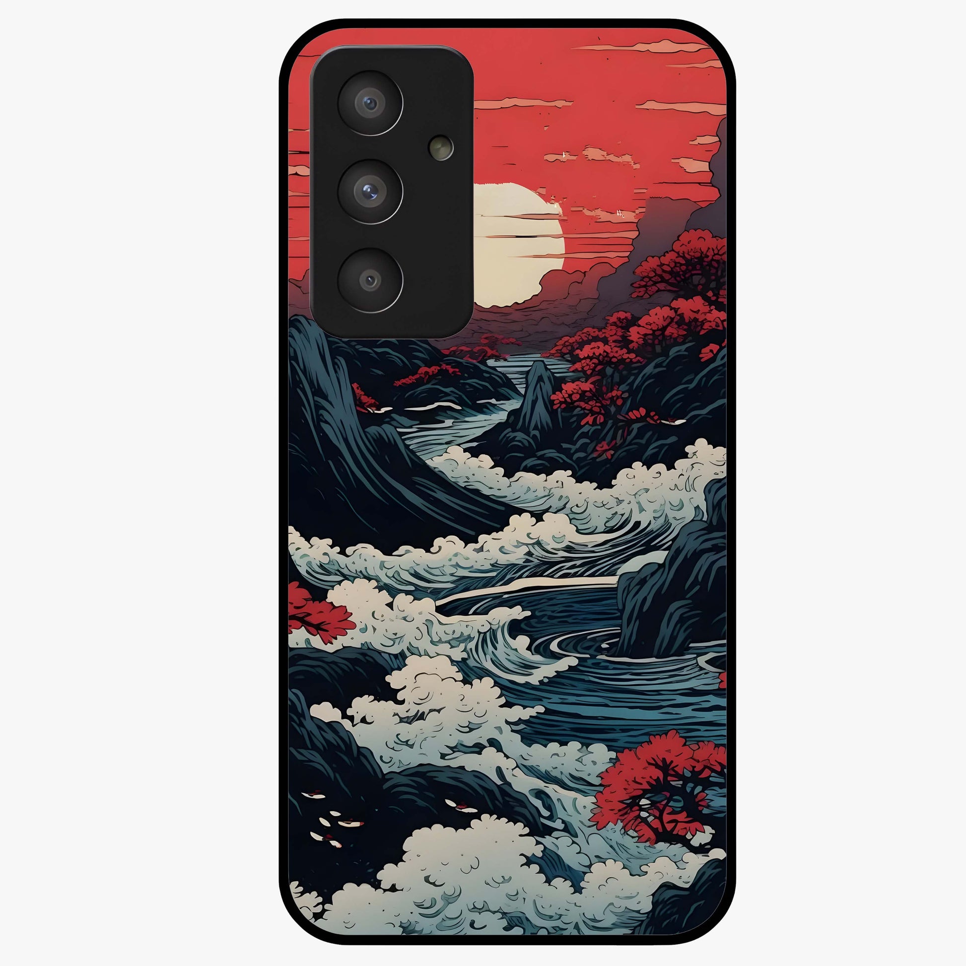 Red Sunset Scenery Glass Case showing flat back view with vibrant sunset landscape artwork and glossy glass finish.