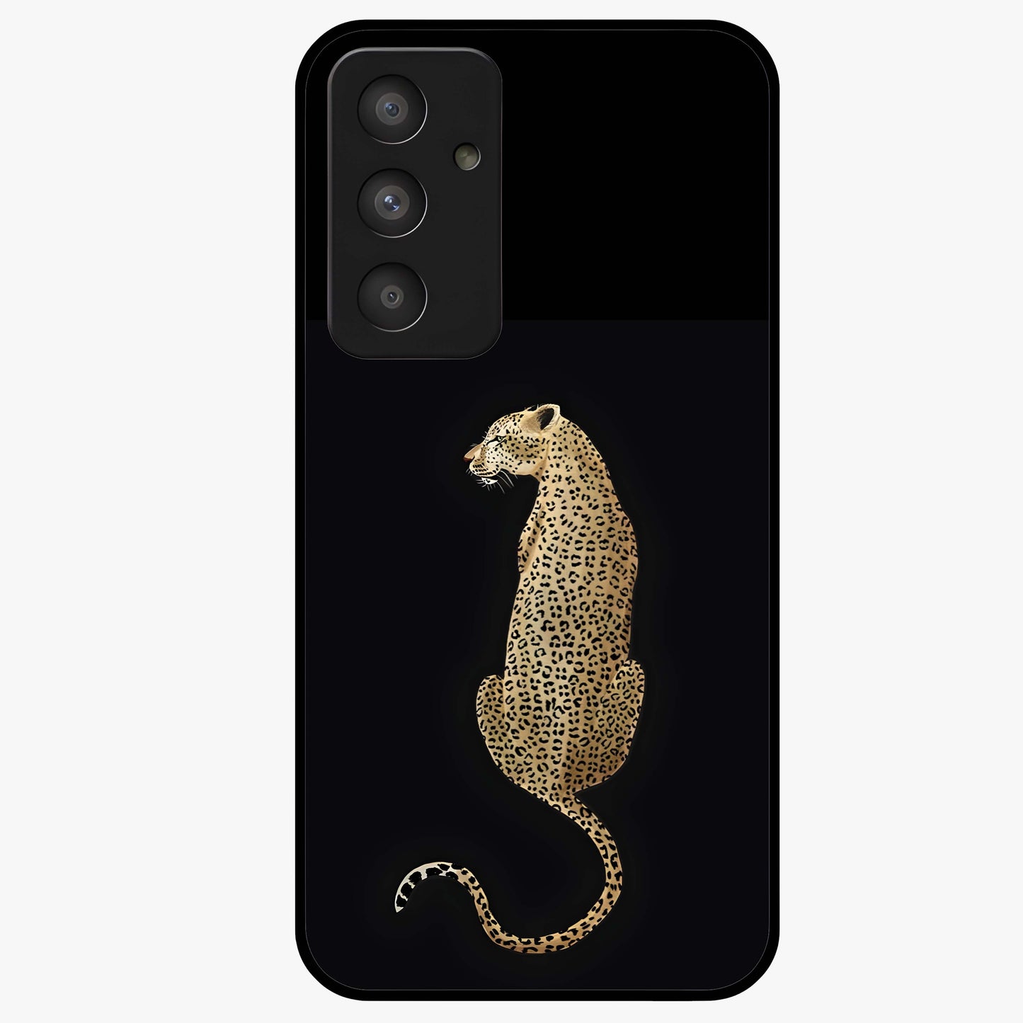 Regal Leopard Glass Case showing flat back view with bold leopard artwork and glossy glass finish.