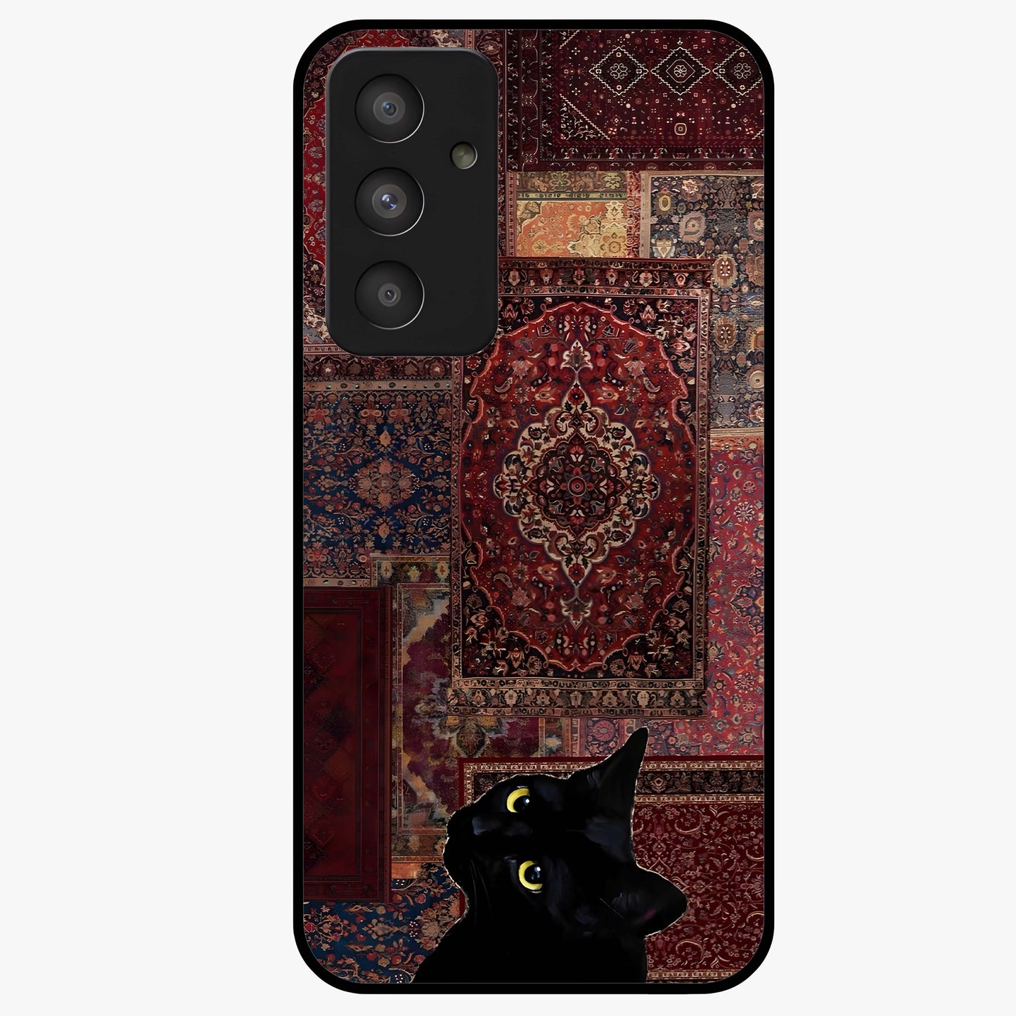Regal Magic Cat Apple Glass Case showing flat back view with magical cat artwork holding apple and glossy glass finish.