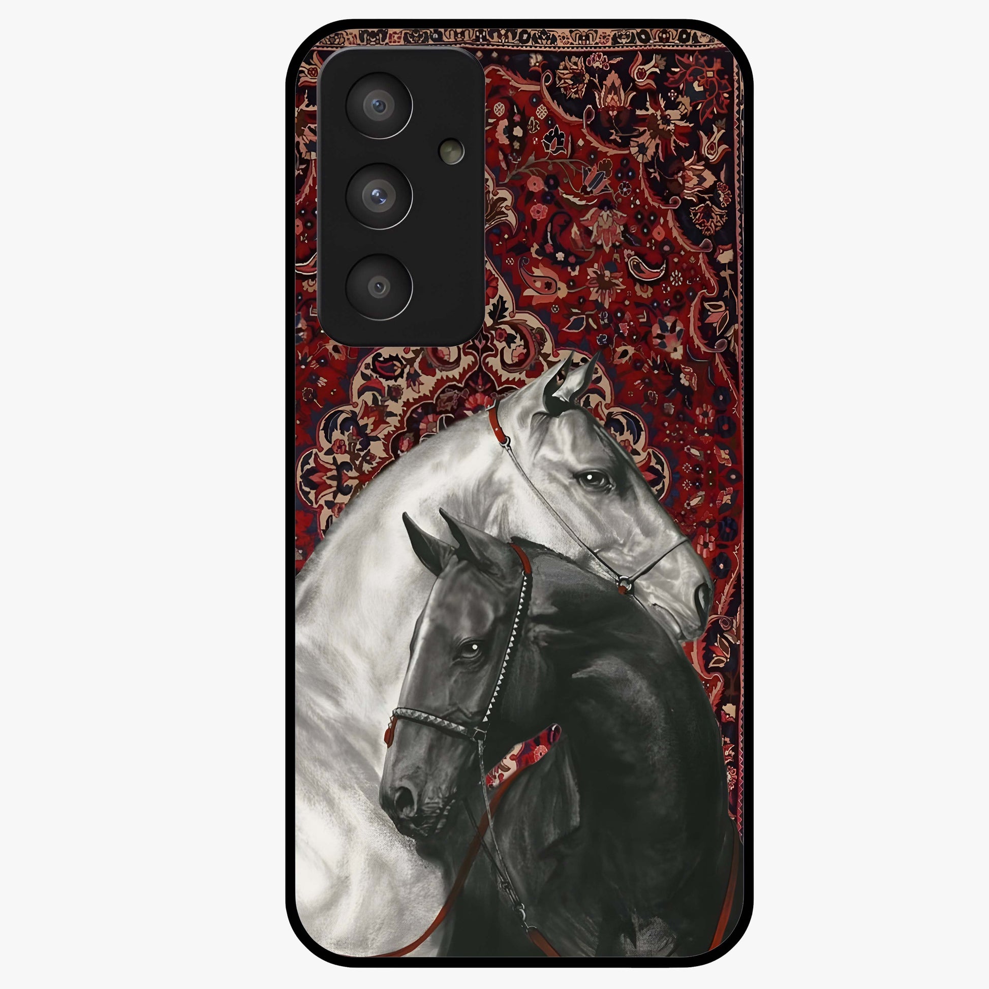Regal Stallion Tapestry Glass Case showing flat back view with majestic horse tapestry artwork and glossy glass finish.