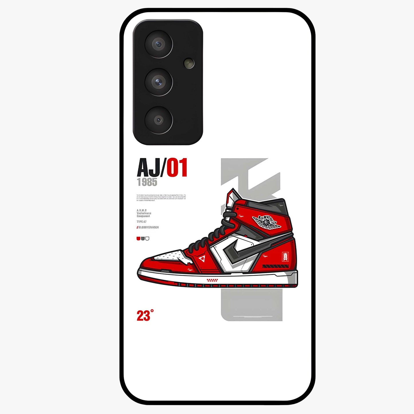 Retro Sneaker Blueprint Glass Case showing flat back view with sneaker blueprint style artwork and glossy glass finish.