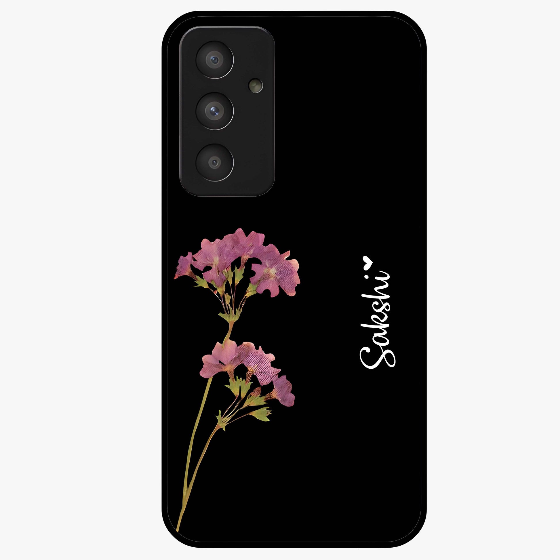 Riching Lavender Flower Custom Name Glass Case showing flat back view with lavender floral artwork and personalized name design.