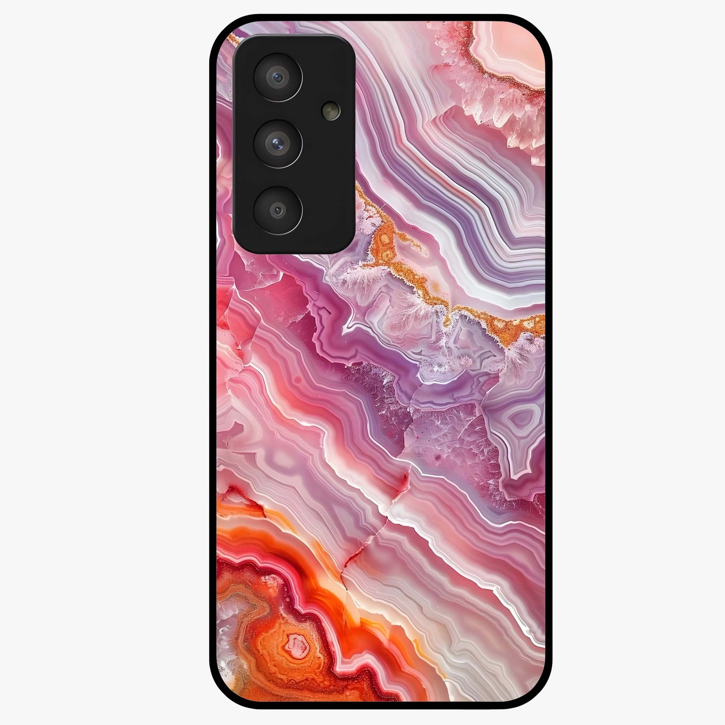 Rose Quartz Marble Glass Case showing flat back view with pink marble quartz texture artwork and glossy glass finish.