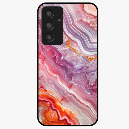 Rose Quartz Marble Glass Case showing flat back view with pink marble quartz texture artwork and glossy glass finish.