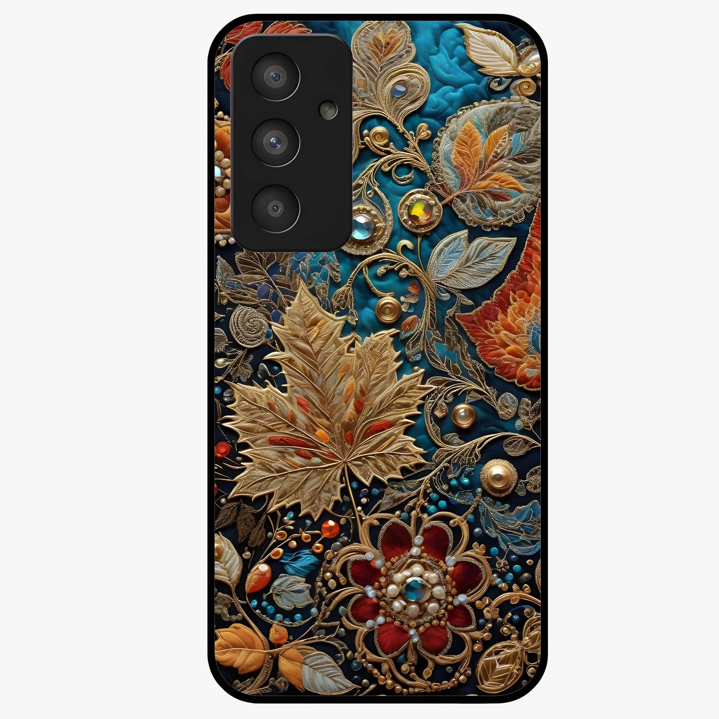 Royal Jewel Garden Glass Case showing flat back view with decorative floral garden artwork and glossy glass finish.