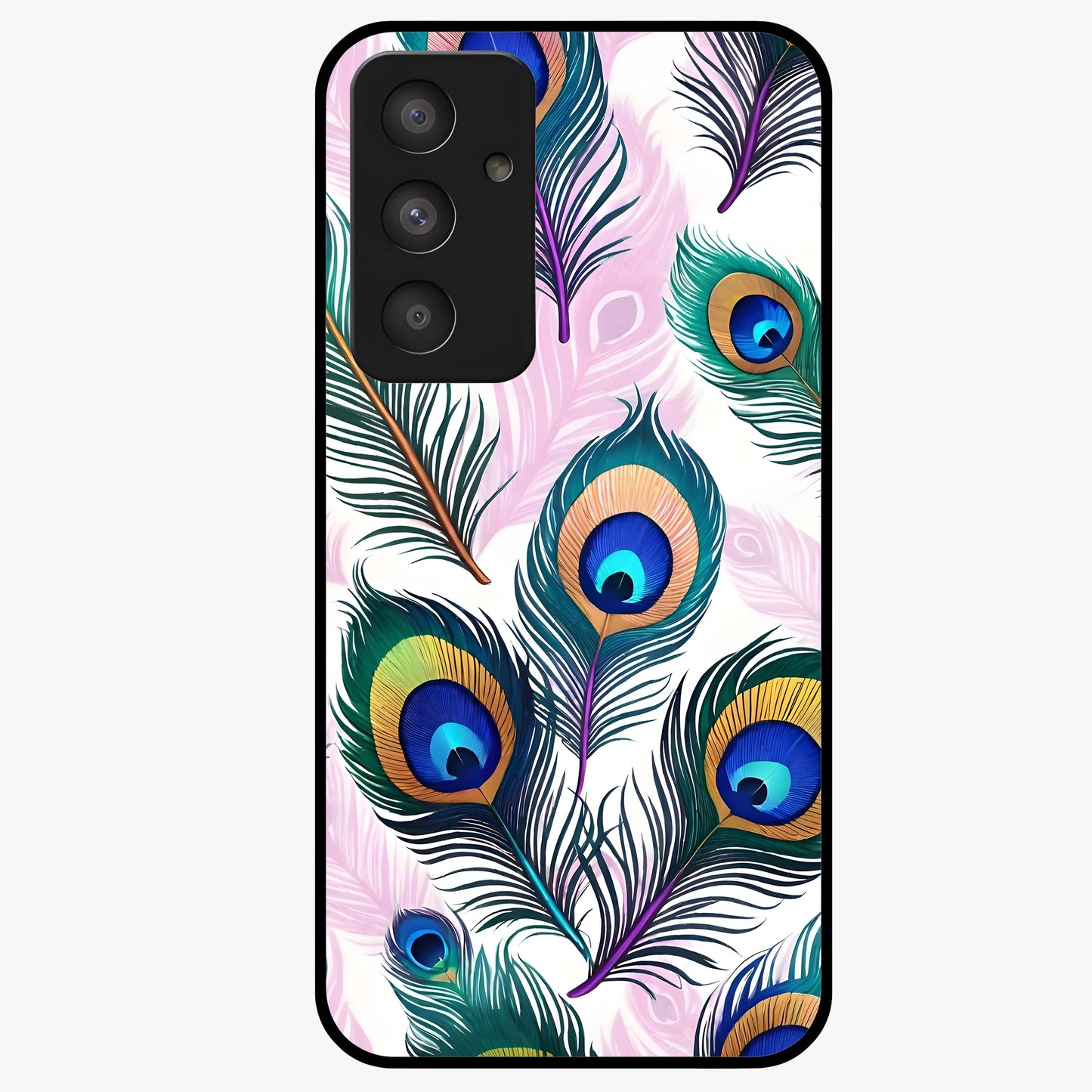 Royal Peacock Feathers Glass Case showing flat back view with colorful peacock feather artwork and glossy glass finish.