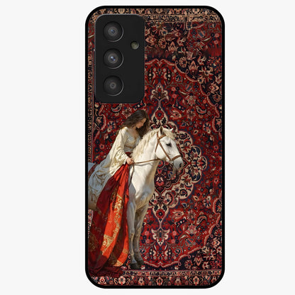 Royal Rider Tapestry Glass Case showing flat back view with majestic horse rider tapestry artwork and glossy glass finish.