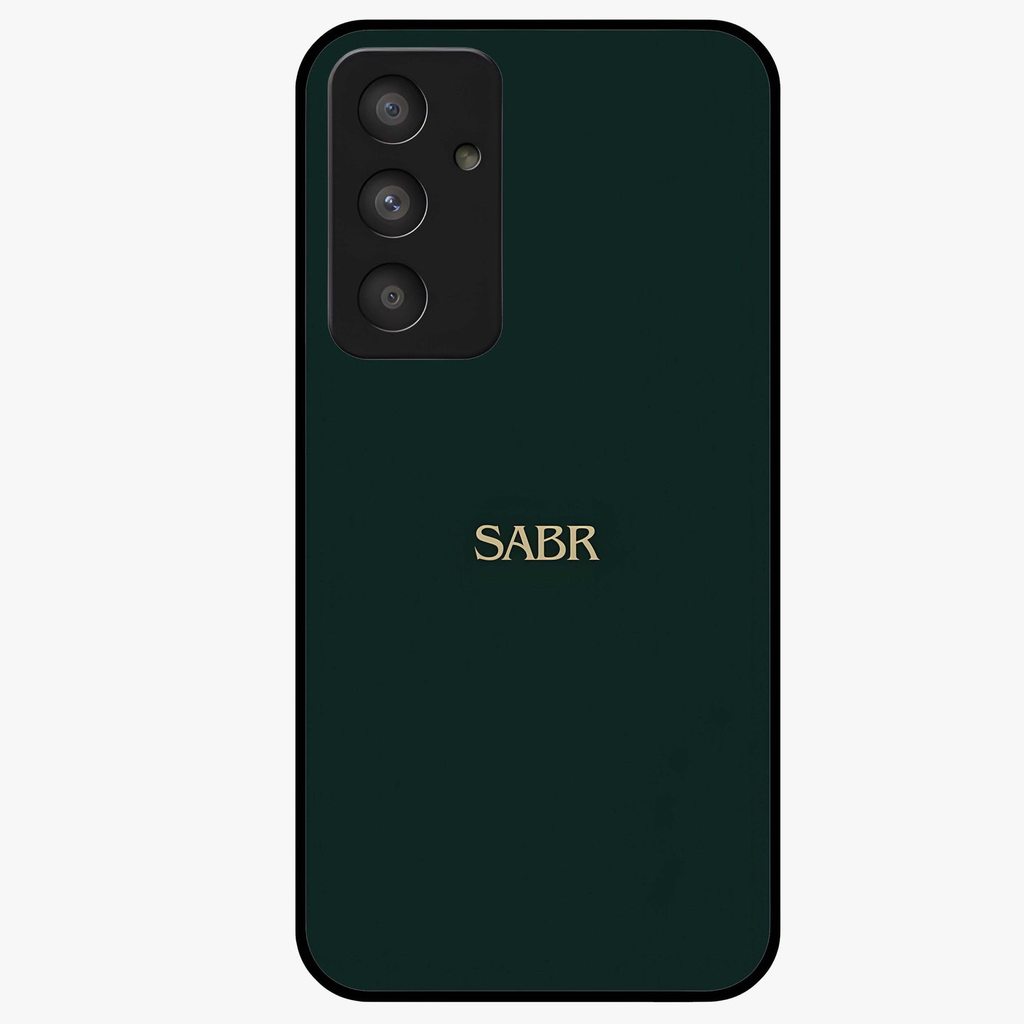 Sabr Minimal Patience Glass Case showing flat back view with minimalist typography artwork and glossy glass finish.