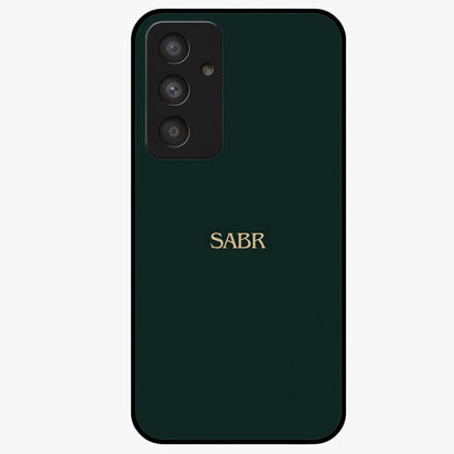 Sabr Minimal Patience Glass Case showing flat back view with minimalist typography artwork and glossy glass finish.