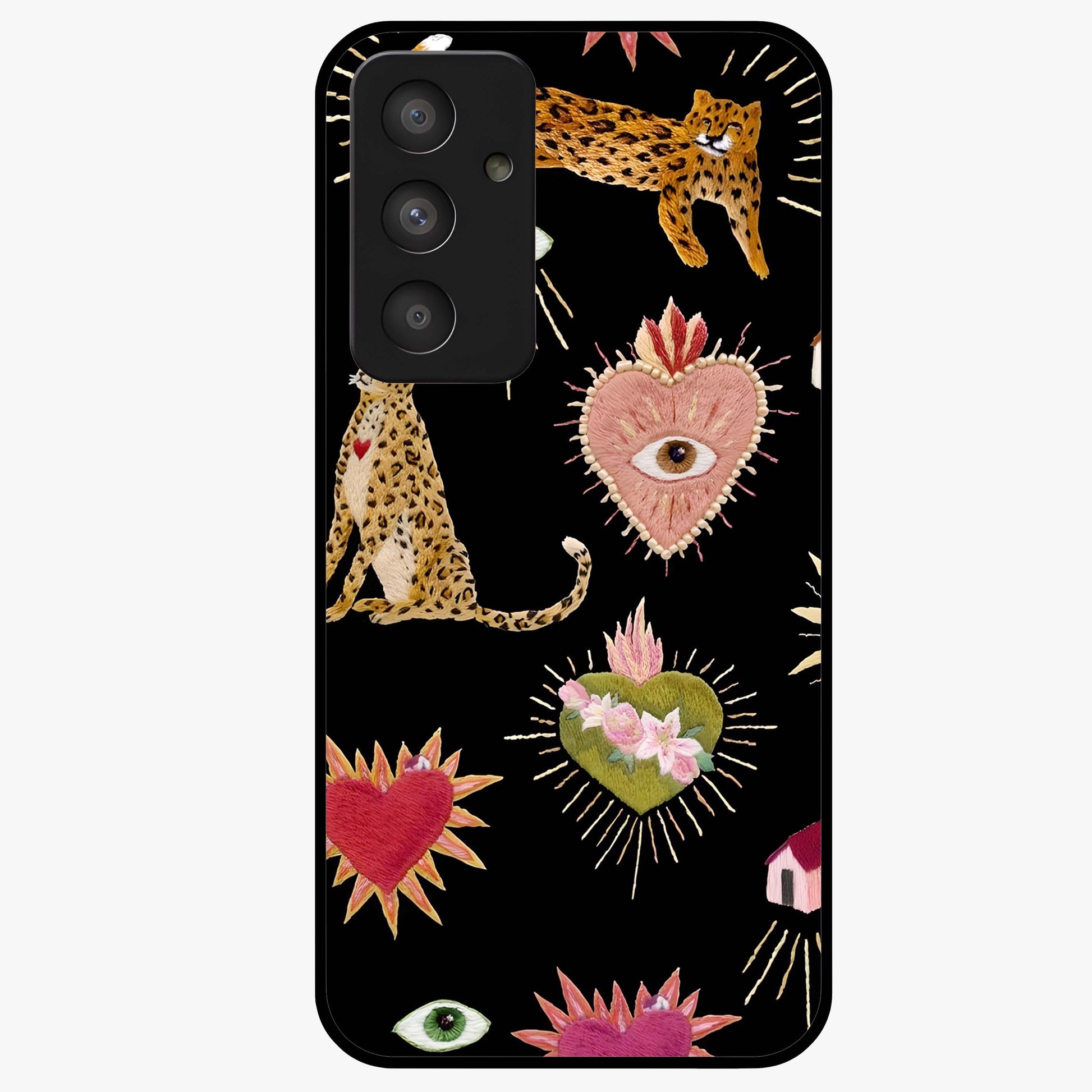Sacred Jungle Heart Glass Case showing flat back view with jungle inspired heart artwork and glossy glass finish.