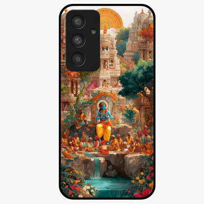 Sacred Sunlight Gods Glass Case showing flat back view with divine sunlight themed artwork and glossy glass finish.