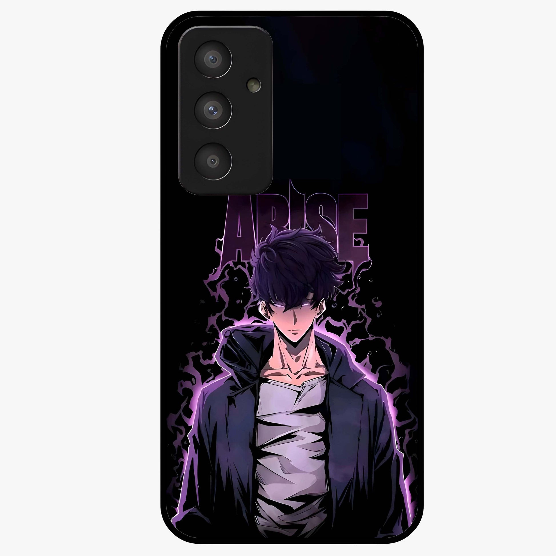 Shadow Monarch Awakening Glass Case showing flat back view with powerful dark monarch themed artwork and glossy glass finish.