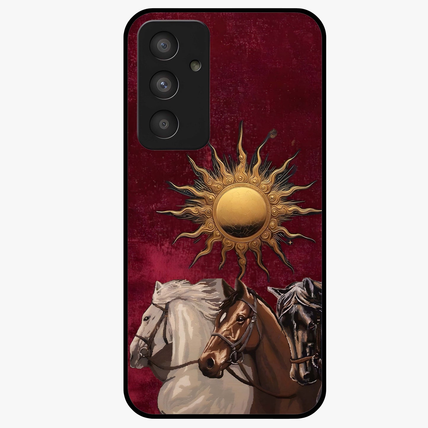 Solar Riders Glass Case showing flat back view with dynamic rider themed artwork and glossy glass finish.