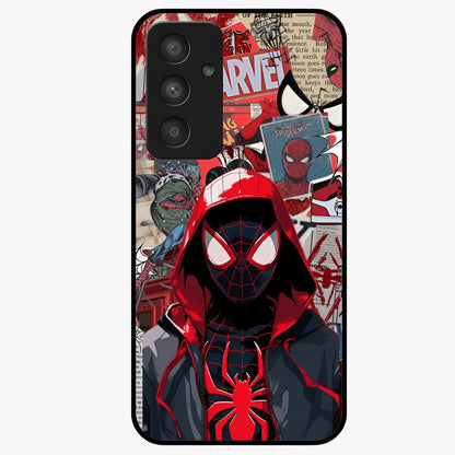 Spider Collage Street Glass Case showing flat back view with vibrant superhero collage artwork and glossy glass finish.