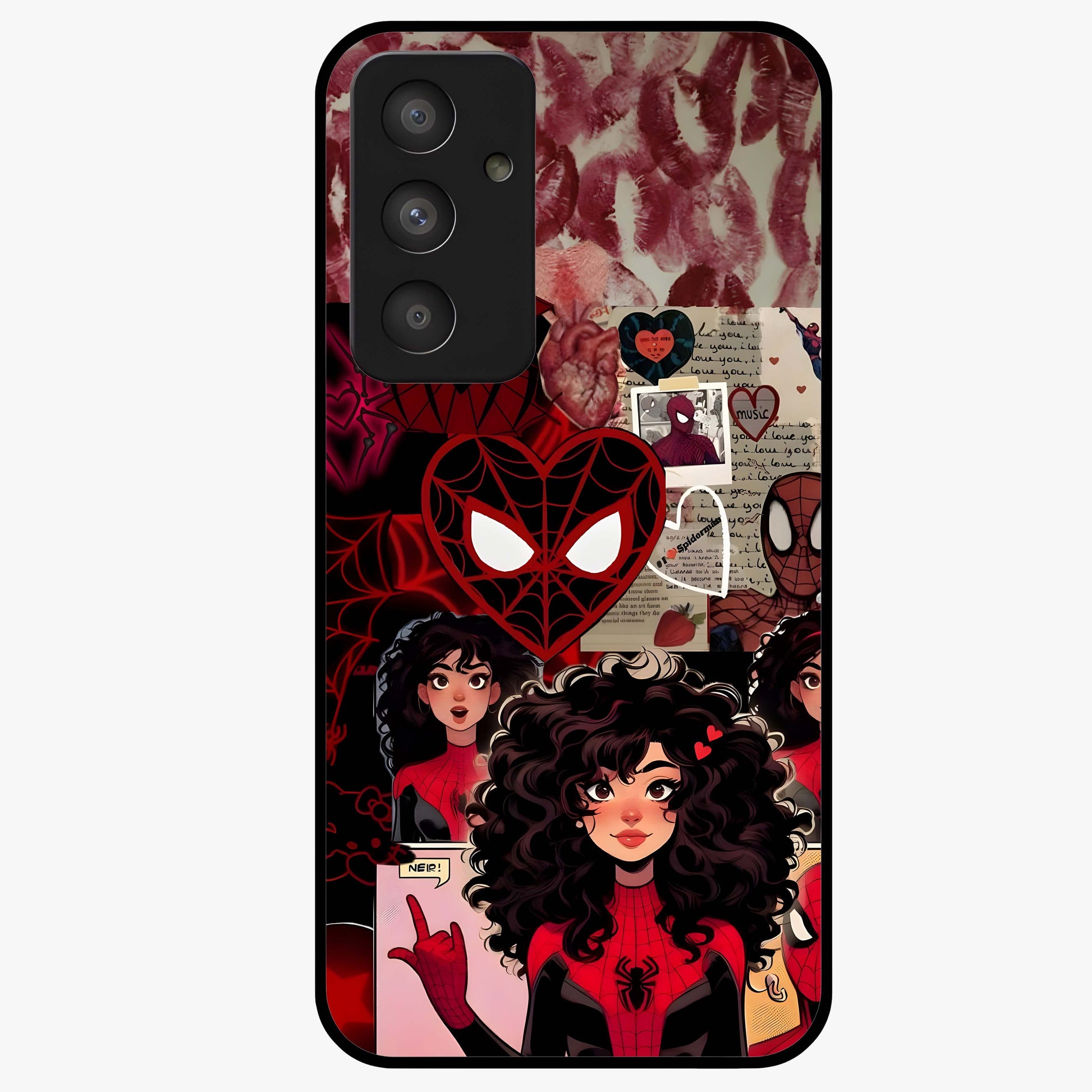 Spider Love Story Glass Case showing flat back view with romantic superhero themed artwork and glossy glass finish.