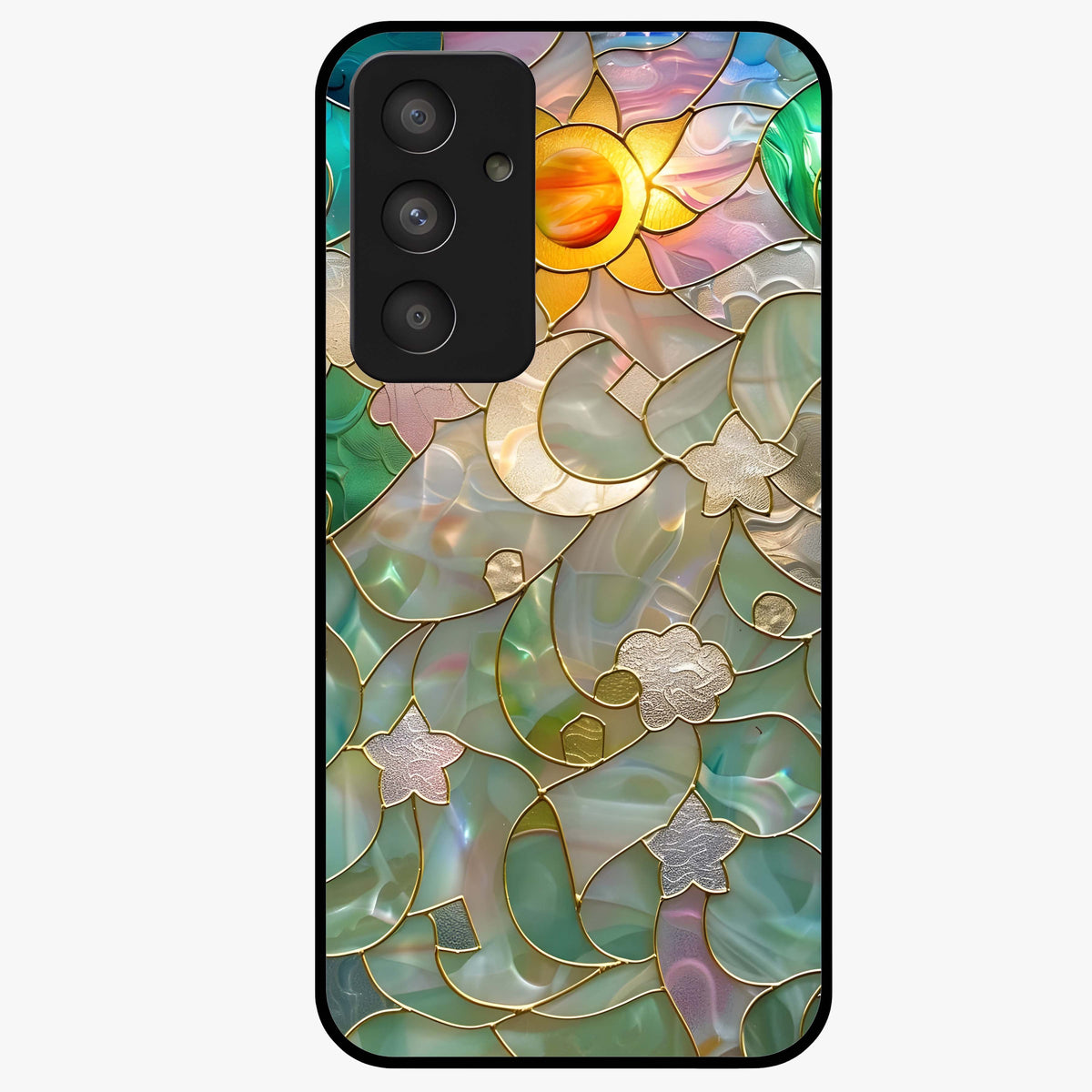 Stained Sunrise Glow Glass Case showing flat back view with glowing sunrise stained pattern artwork and glossy glass finish.