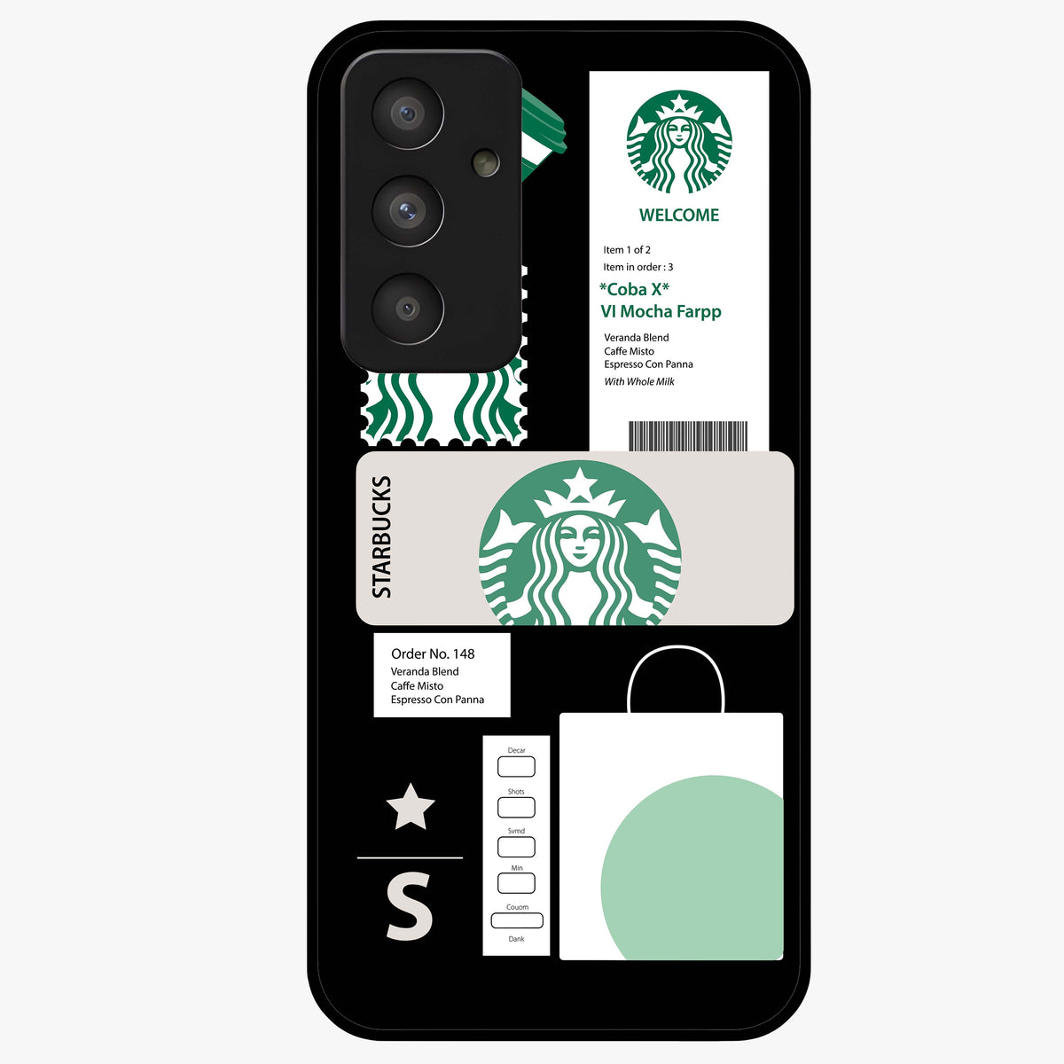 Starbucks Mocha Glass Case showing flat back view with coffee inspired artwork and glossy glass finish.