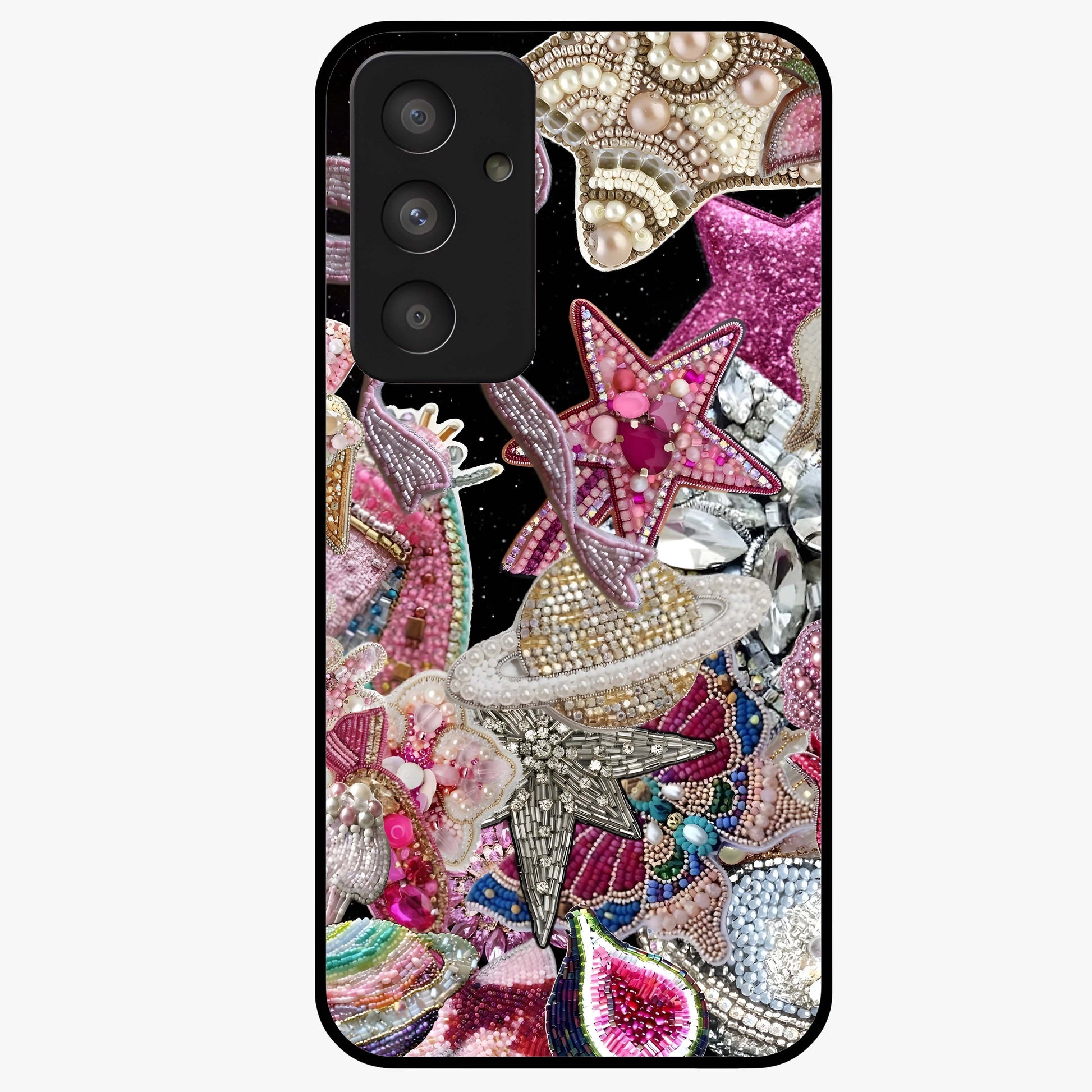 Starlit Jewel Dream Glass Case showing flat back view with sparkling jewel and star themed artwork and glossy glass finish.