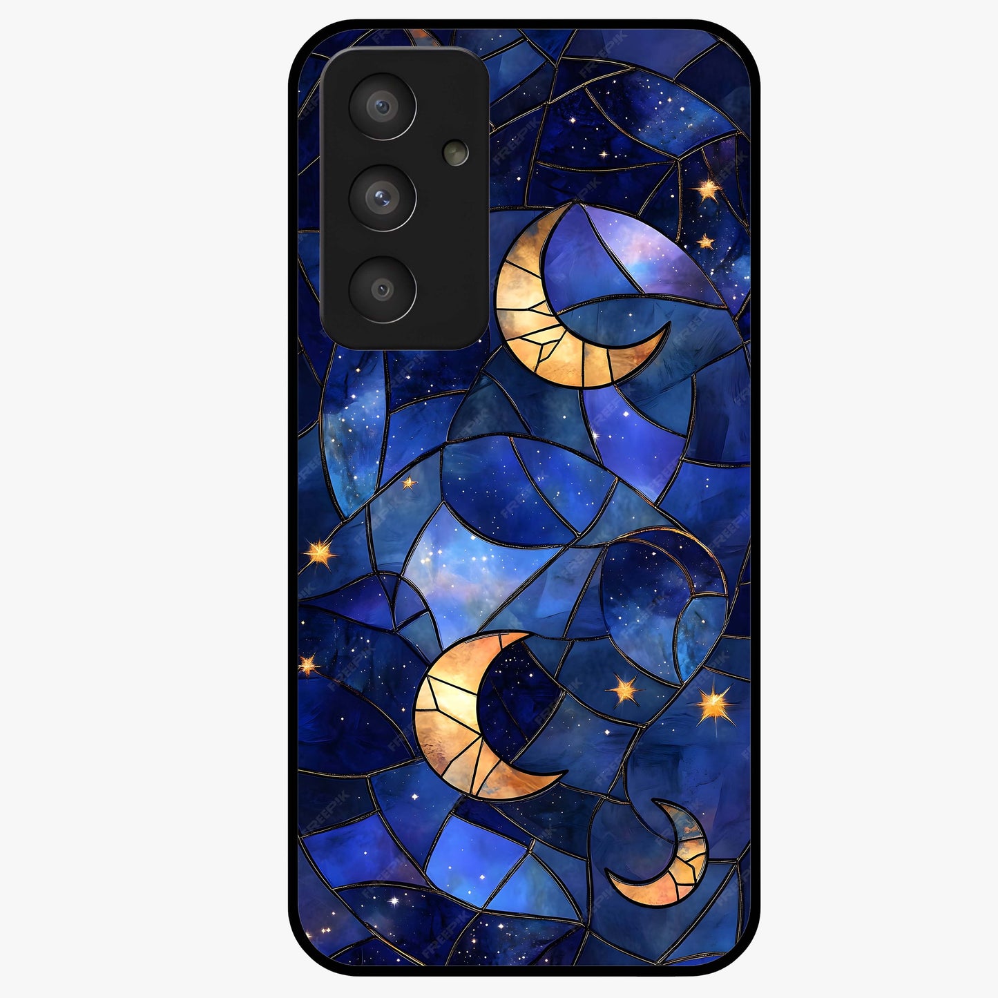 Starlit Sky Tapestry Glass Case showing flat back view with decorative starry sky tapestry artwork and glossy glass finish.
