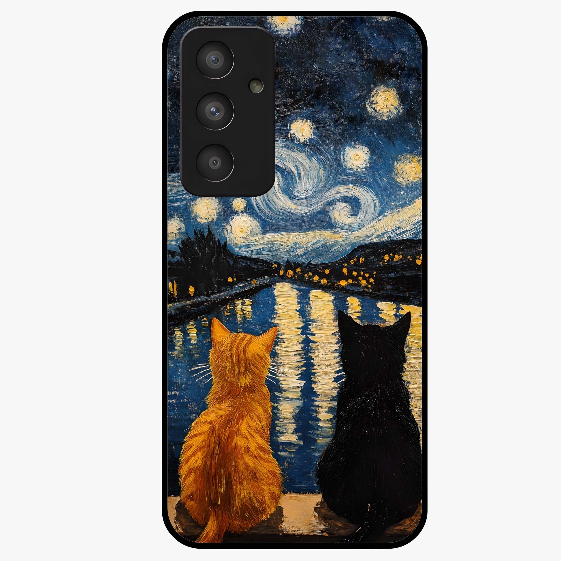 Starry River Cats Glass Case showing flat back view with cats by a starry river artwork and glossy glass finish.
