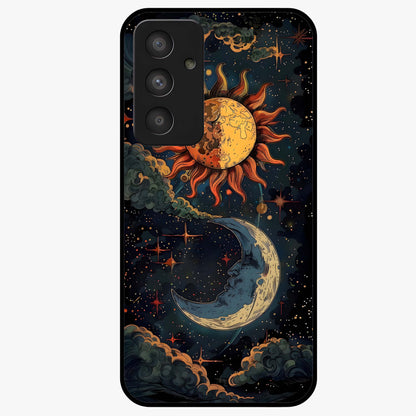 Sun And Moon Magic Design Glass Case showing flat back view with mystical sun and moon artwork and glossy glass finish.