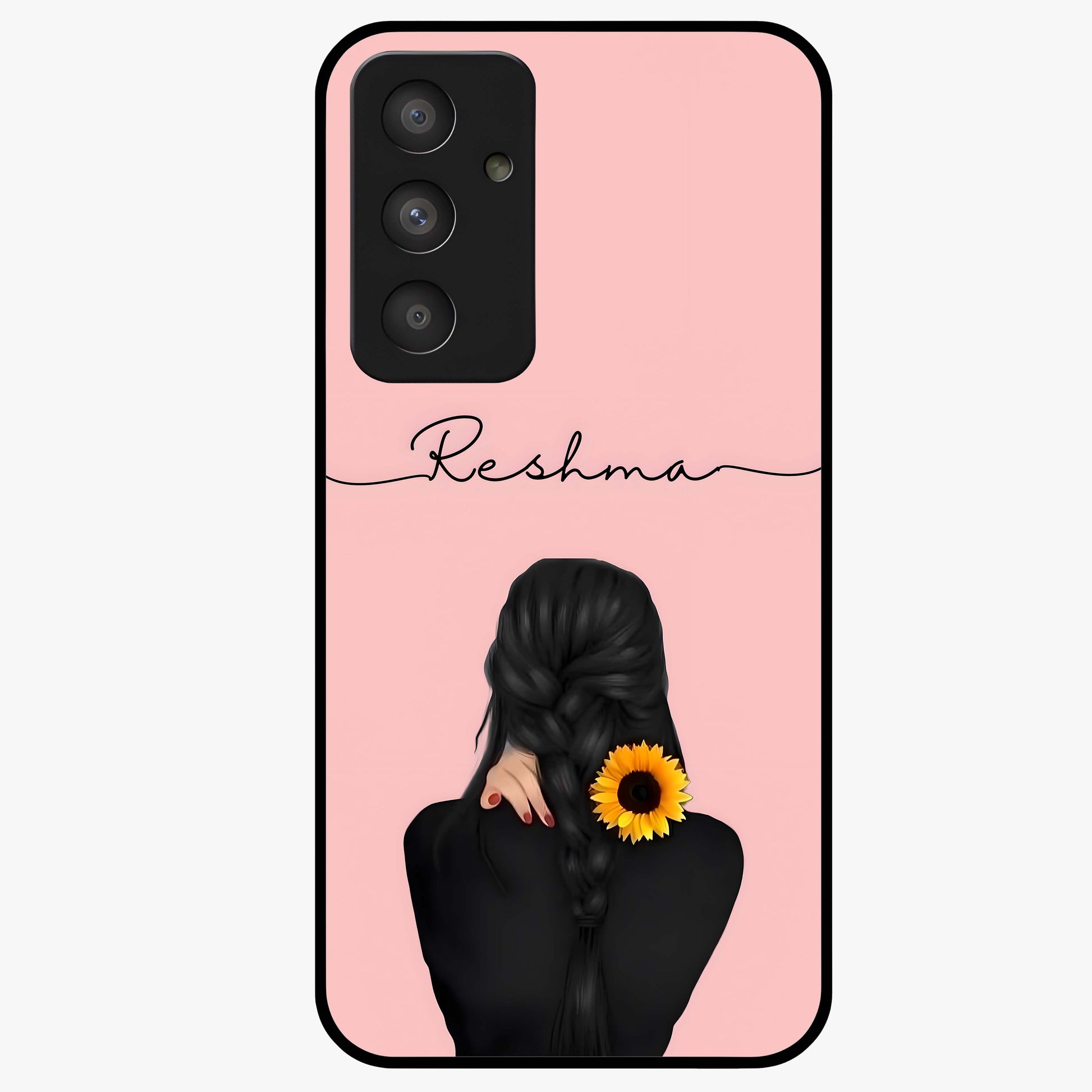 Sunflower Braid Beauty With Custom Name Glass Case showing flat back view with sunflower braid artwork and personalized name design.