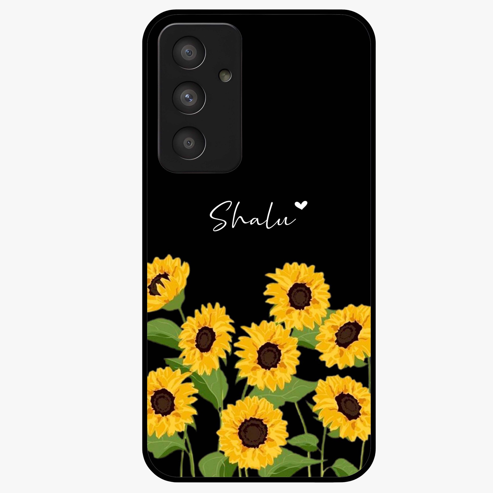 Sunflower Chic Mood Custom Name Glass Case showing flat back view with stylish sunflower artwork and personalized name design.