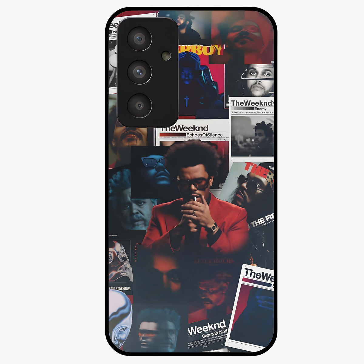 The Weeknd Glass Case showing flat back view with music inspired artistic portrait artwork and glossy glass finish.