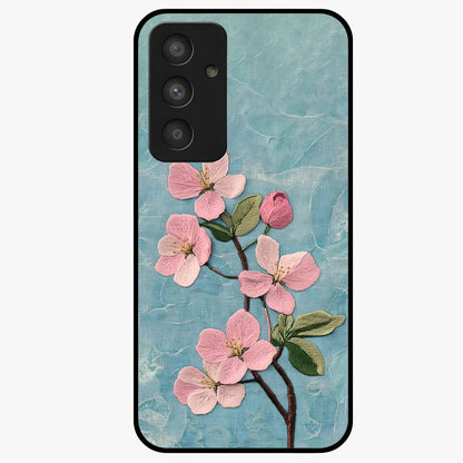 Threaded Blossom Breeze Glass Case showing flat back view with delicate blossom artwork and glossy glass finish.