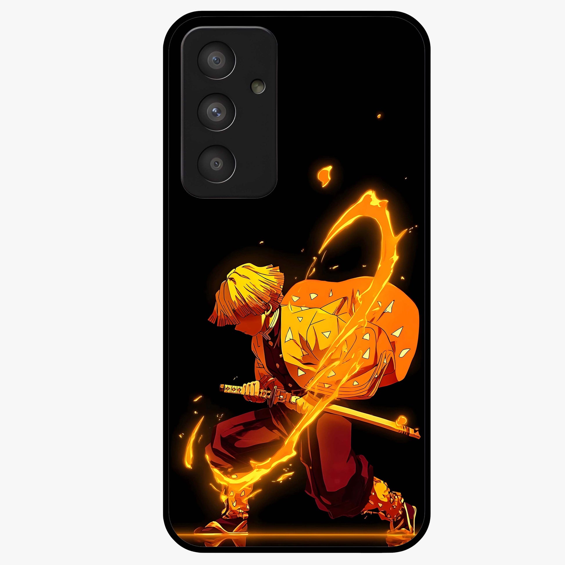 Thunder Flame Execution Glass Case showing flat back view with powerful flame and lightning artwork and glossy glass finish.