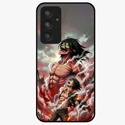 Titan Awakening Fury Glass Case showing flat back view with powerful titan inspired artwork and glossy glass finish.